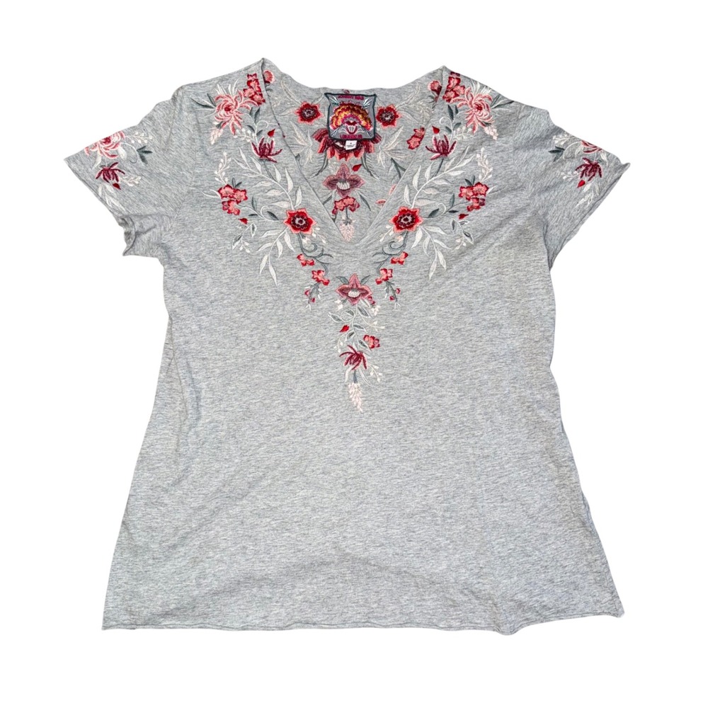 Johnny Was Embroidered Floral V-Neck T-Shirt Women Small Grey Excellent J16320-3